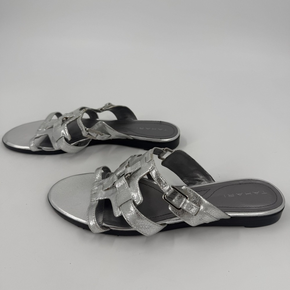 Tahari Omar Slide Sandals Womens 7.5M Silver Metallic Leather Open Toe Slip On